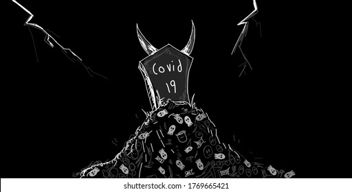 Minimal Line Drawing Cartoon/ Illustration Of Corona Virus Portrayed As A Devil And Skulls And Thunder With It Signifying The Mortality And Death,  Monochromatic Art For Covid-19, Corona Virus 