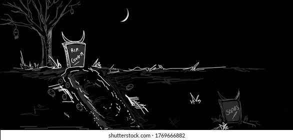 Minimal Line Drawing Cartoon/ Illustration With Corona Virus Grave, With Dark Background Symbolizing The Death Of Coronavirus,  Monochromatic Art For Covid-19, Corona Virus 