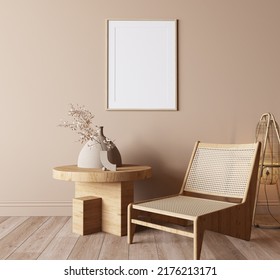 Minimal Living Room Design, Farmhouse Wooden Furniture In Bright Beige Interior Background, 3d Render, 3d Illustration