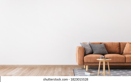 Minimal Living Room Design, Orange Sofa In Empty Modern Background, Panorama, 3d Render, 3d Illustration