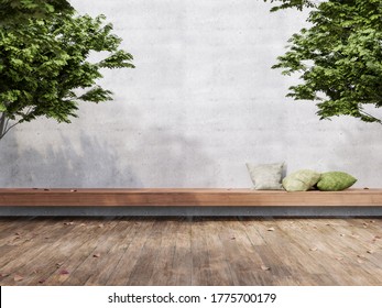 Минимальная открытая терраса в стиле лофт 3d рендер, деревянные полы, пустые бетонные стены украшают длинной деревянной скамейкой и зеленой подушкой