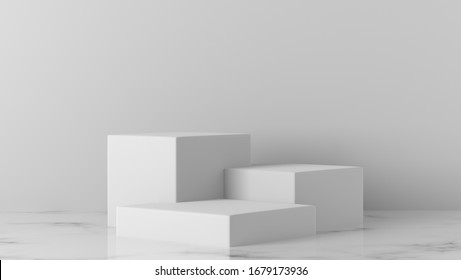 Minimal Luxury White Design Square Rectangle Box Block Cube Podium In White Marble Concrete Wall Background. Concept Display Scene Stage Platform Showcase, Product, Sale, Banner, Cosmetic. 3D Render