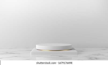 Minimal Luxury White Design Square Box And Cylinder Circle With Gold Pedestal Podium In White Marble Background. Concept Display Stage Platform Showcase, Product, Sale, Banner, Cosmetic. 3D Render