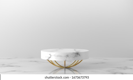 Minimal Luxury White,  Gold Marble Cylinder Circle Box Podium And Leaves In White Background. Concept Display Scene Stage Platform Showcase, Product, Sale, Banner, Presentation, Cosmetic. 3D Render