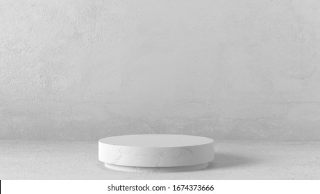 Minimal Luxury White Marble Design Cylinder Circle Box Podium In White Concrete Wall Background. Concept Display Scene Stage Platform Showcase, Product, Sale, Banner, Presentation, Cosmetic. 3D Render