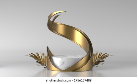 Minimal Luxury White Marble Podium And Golden Leaves In White Background Concept Display Scene Stage Platform Showcase Product Sale Banner Presentation Cosmetic 3D Render