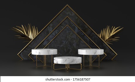 Minimal Luxury White Marble Podium And Golden Leaves In Black Background Concept Display Scene Stage Platform Showcase Product Sale Banner Presentation Cosmetic 3D Render