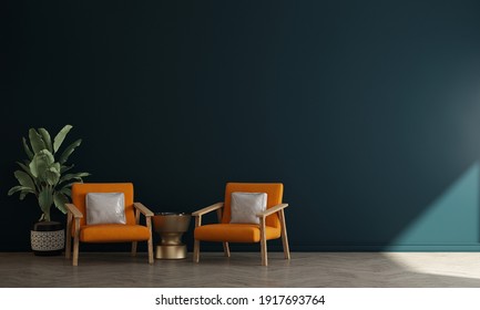 Minimal Mock Up Decor Interior Design Of Cozy Living Room And Blue Wall Texture Background, 3d Rendering