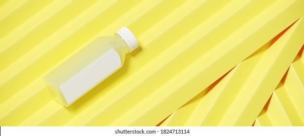 Minimal mockup background for product presentation. Lemonade juice bottle on yellow corrugated panel background. 3d render illustration. Clipping path of each element included.