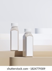 Minimal mockup background for product presentation. Almond milk bottle on beige blending gradient podium. 3d render illustration. Clipping path of each element included.