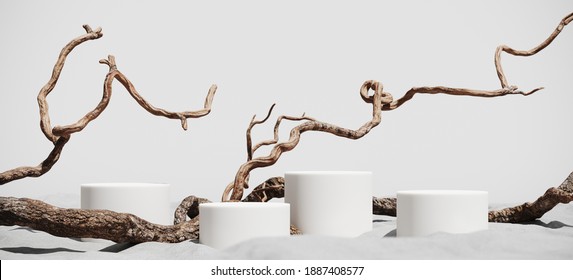 Minimal mockup background for product presentation. Podium and dry tree twigs on white sand beach. 3d rendering illustration. Clipping path of each element included.