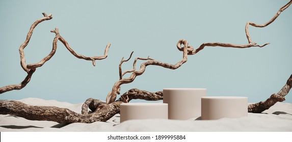 Minimal Mockup Background For Product Presentation. Podium And Dry Tree Twigs With Sand Beach On Blue Background. 3d Rendering Illustration. Clipping Path Of Each Element Included.