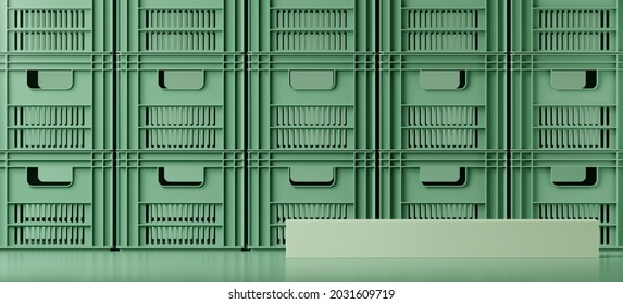 Minimal mockup background for product presentation. Green podium on green plastic fruit crate background. 3d render illustration. Clipping path of each element included.