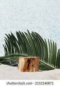Minimal mockup background for product presentation. Wood podium with white sand on sea water background. 3d rendering illustration. Clipping path of each element included.