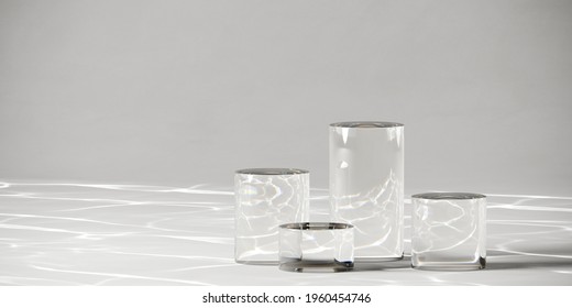 Minimal mockup concept for product presentation. Clear acrylic podium with water caustic on white background. Clipping path of each element included. 3d rendering illustration. 