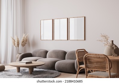 Minimal Modern Home Design With Warm Furniture Colors, Poster Frame Mockup On Bright Interior Background, 3d Render, 3d Illustration