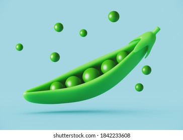 Minimal Object For Food And Beverage Concept. Pea Pod Cartoon Style On Blue Background. 3d Rendering Illustration. Clipping Path Of Each Element Included.