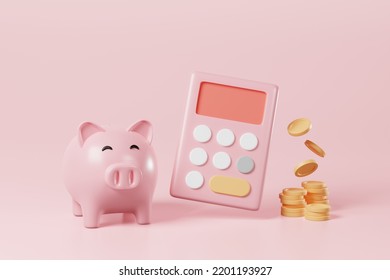 Minimal Piggy Bank With Math Calculator, Stacking Coins On Pink Background. Money Savings, Home Finance Expense Management, Earning Or Income Tax, Deposit Bank Business Account Concept. 3d Rendering