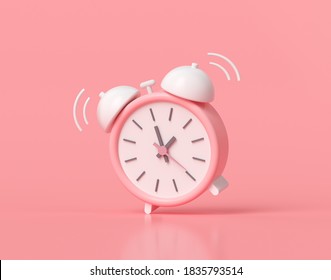 Minimal Pink alarm clock on pink background. 3D render illustration