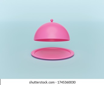 minimal pink opened restaurant cloche isolated on pastel blue background. Food serving tray. lunch time concept. 3d rendering - Powered by Shutterstock