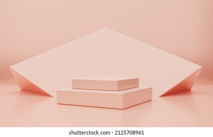 Minimal Pink Orange Or Coral Color Rectangle Cube Podium Stage Background. Abstract Object Scene For Advertisement Concept. 3D Illustration Rendering