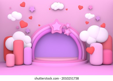 Minimal Pink Pastel 3d Cartoon Stage With Little Heart And Clouds Sweet Beautiful Podium Or Pedestal For Layout And Showcase.3d Rendering.