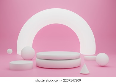 Minimal Podium Design For Product Display By 3D Object Rendering Under Setup Lighting And Clean Background. White 3D Object On Isolated Pink Background And Half Ring Light.