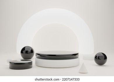 Minimal Podium Design For Product Display By 3D Object Rendering Under Setup Lighting And Clean Background.3D Object On Isolated White Background And Half Ring Light.