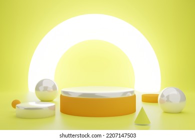 Minimal Podium Design For Product Display By 3D Object Rendering Under Setup Lighting And Clean Background. 3D Object On Isolated Yellow Background And Half Ring Light.