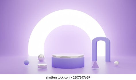 Minimal Podium Design For Product Display By 3D Object Rendering Under Setup Lighting And Clean Background. 3D Object On Isolated Purple Background And Half Ring Light.