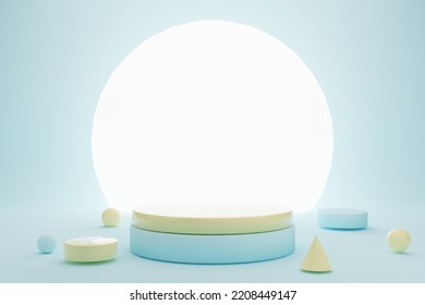 Minimal Podium Design For Product Display By 3D Object Rendering Under Setup Lighting And Clean Background. 3D Object On Isolated Blue Background And Ring Light.