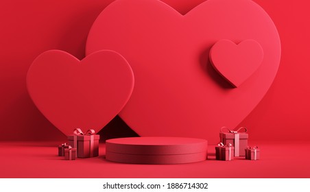 Minimal podium product background for Valentine, Red heart and gift box with ribbon bow on red background. 3d render.
