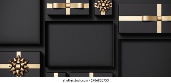 Minimal product background for Black Friday sale event concept. Black gift box and gold ribbon on black background. 3d render illustration. Clipping path of each element included.