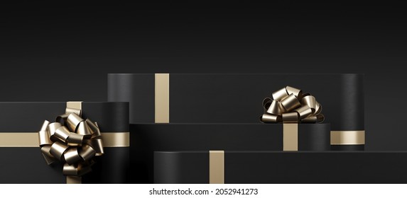 Minimal product background for Black Friday and sale event concept. Black gift box with golden ribbon bow on black background. 3d render illustration. 