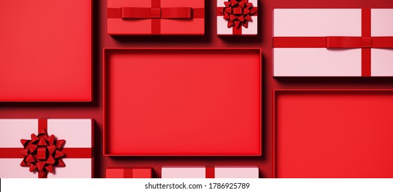 Minimal product background for Christmas, New year and sale event concept. Red and pink gift box on red background. 3d render illustration. Clipping path of each element included.