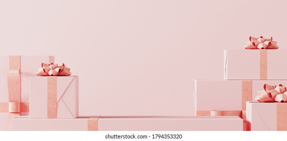 Minimal product background for Christmas, New year,Valentine concept. Pink gift box with pink ribbon bow on pink background. 3d render illustration. Clipping path of each element included.