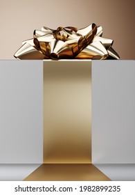 Minimal Product Background For Christmas, New Year And Sale Event Concept. Grey Gift Box With Golden Ribbon Bow On Beige Background. 3d Render Illustration. Clipping Path Of Each Element Included.