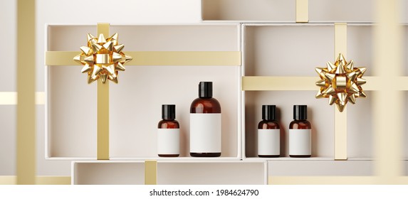 Minimal product background for Christmas, New year and sale event concept. White gift box with golden ribbon bow on beige background. 3d render illustration. Clipping path of each element included. - Powered by Shutterstock