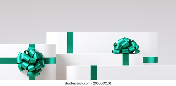 Minimal Product Background For Christmas, New Year And Sale Event Concept. White Gift Box With Green Ribbon Bow On White Background. 3d Render Illustration. Clipping Path Of Each Element Included.