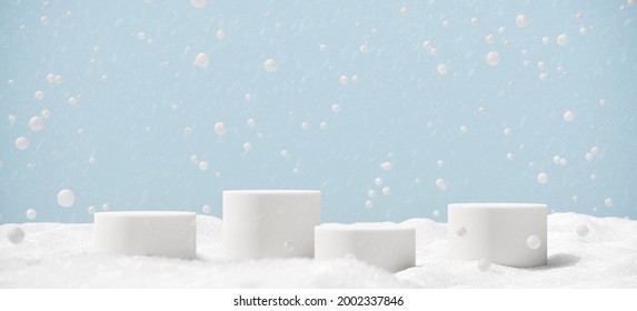 Minimal Product Background For Christmas And Winter Holiday Concept. White Podium And Snow  Drifts On Blue Sky. 3d Render Illustration. Clipping Path Of Each Element Included.