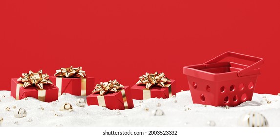 Minimal Product Background For Christmas And Winter Holiday Concept. Red Gift Box, Basket And Snow Drifts On Red Background. 3d Render Illustration. Clipping Path Of Each Element Included.