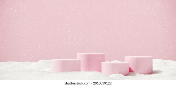 Minimal product background for Christmas and winter holiday concept. Pink podium and snow drifts on pink background. 3d render illustration. Clipping path of each element included. - Powered by Shutterstock