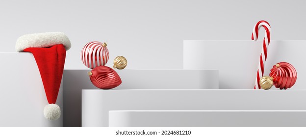 Minimal product mock up background for Christmas and winter holiday concept. Santa Hat, candy cane and bauble on white step platform. 3d render illustration. Clipping path of each element included.