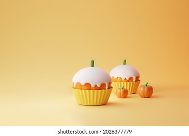 Minimal pumpkin cupcake with white icing for halloween coming in the autumn and beautiful sunshine 3d illustration