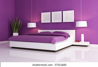 Minimal Purple Bedroom With White  Double Bed