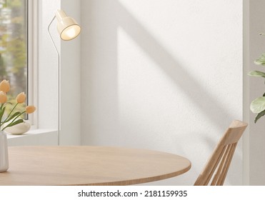 Minimal Room Corner Background Mockup For Product Presentation Or Branding With Cozy Soft Sunlight, Wood Circle Table,  White Concrete Wall, Ceramic Vase, Tulip Flower, Lamp, Fiddle Plant. 3D Render.