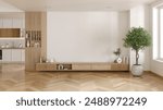 Minimal scandinavian design of  living room interior ,wood floor ,white wall ,Mockup a TV , 3d render