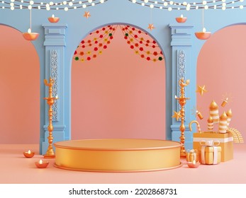 Minimal Scene, Design For Diwali Festival Product Display Podium, 3d Render With Fireworks