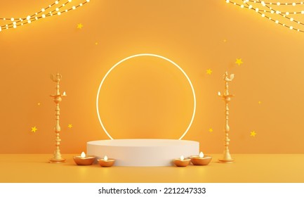 Minimal Scene, Design For Diwali Festival Product Display Podium, 3d Render With Fireworks In Yellow Background