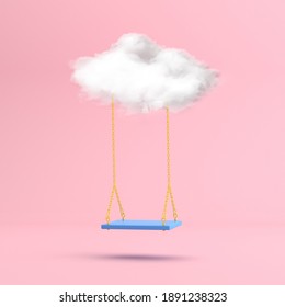 Minimal scene of floating blue swing chair with the white cloud. 3D rendering